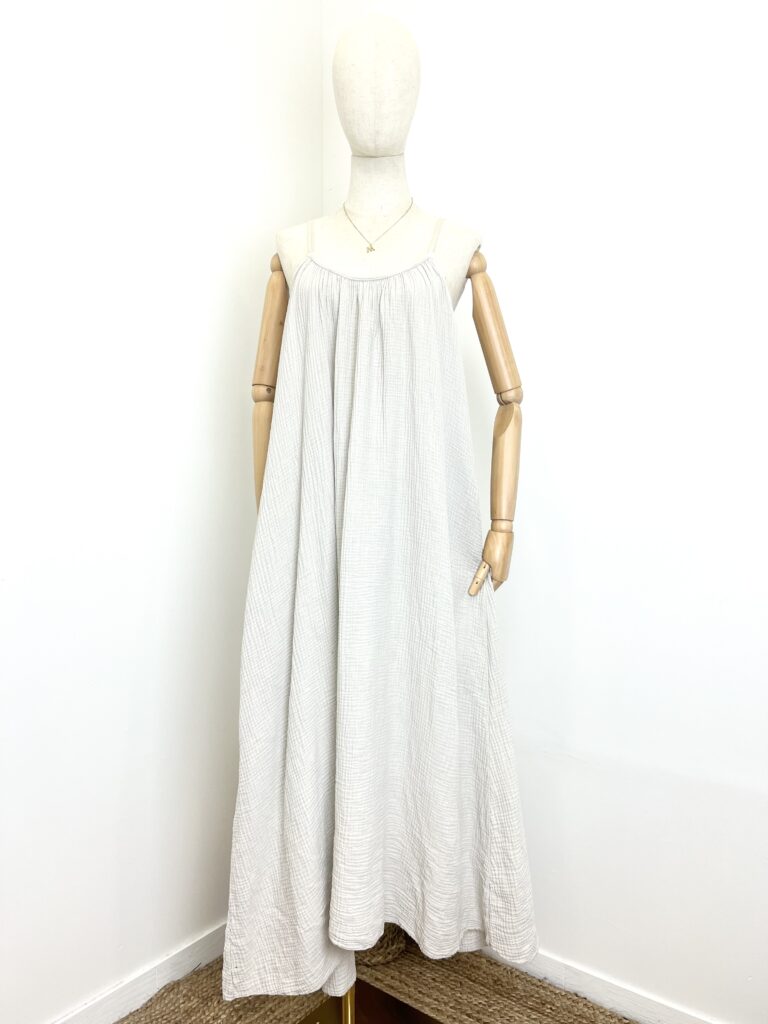 Puur katoen zomer jurk met schouder bandjes - geribbeld katoen - brede maxi jurk - kleur BEIGE - maat 40/42