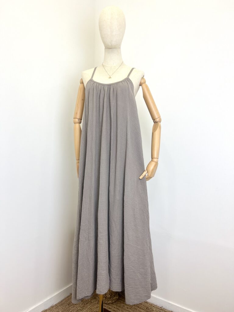 Puur katoen zomer jurk met schouder bandjes - geribbeld katoen - brede maxi jurk - kleur TAUPE - maat 40/42