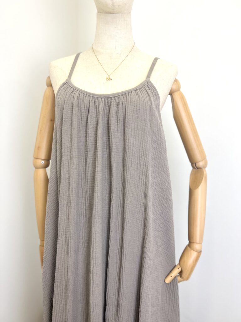 Puur katoen zomer jurk met schouder bandjes - geribbeld katoen - brede maxi jurk - kleur TAUPE - maat 40/42