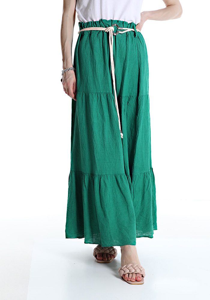 Lange boho linnen rok, GRAS GROEN kleur, met ceintuur en ethische talie, volants, maxi zomer rok maat S/M