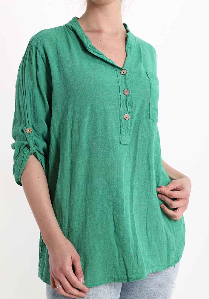 Katoen en linnen blouse - luchtige grove stof - opgerolde mouwen - knoppen - kleur GROEN - maat 40