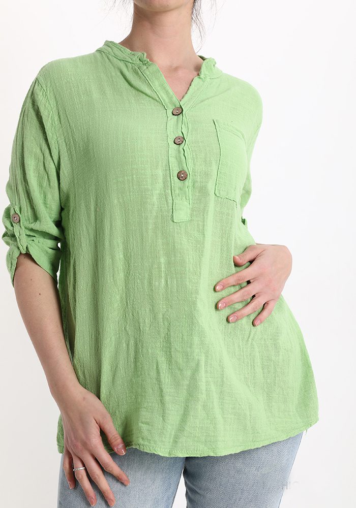 Katoen en linnen blouse - luchtige grove stof - opgerolde mouwen - knoppen - kleur LIME- maat 40