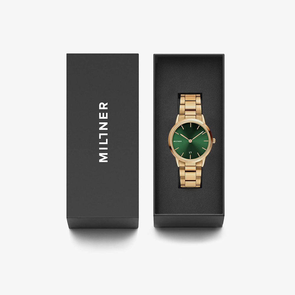 Millner dames horloge Chelsea - polshorloge - goudkleurig en groene plat - elegante horloge