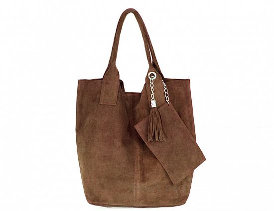 Lederen Suede dames schouder tas - extra binnen tasje - kwast hanger - kleur COGNAC