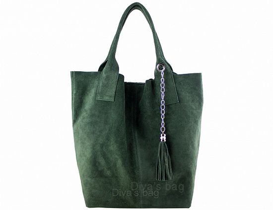 Lederen Suede dames schouder tas - extra binnen tasje - kwast hanger - kleur DONKER GROEN