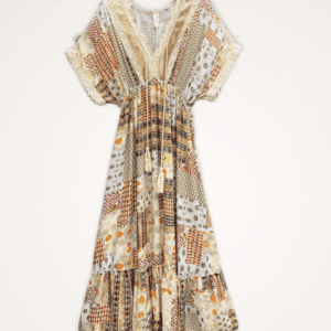 Boho vintage maxi jurk met sierwerk, franjes en hoge talie maat 38-42