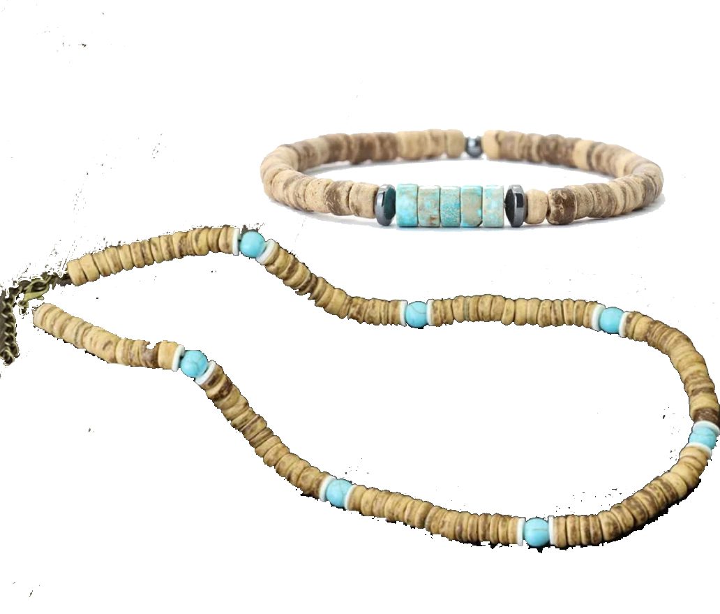 Handgemaakte edelsteen heren sieraden set - ketting en armband - bamboe en Turquoise 2st