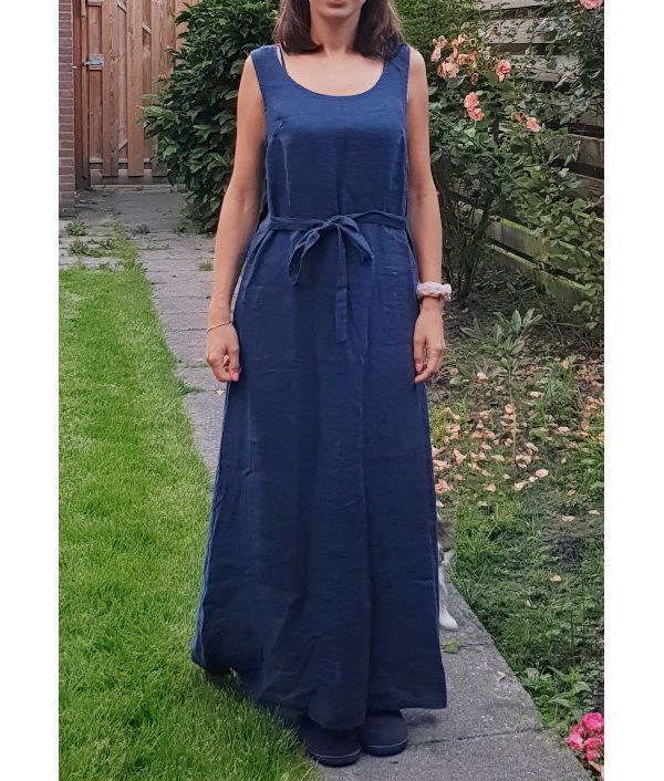 Linnen lange jurk met een talie bandje in BLAUW kleur, Maat M