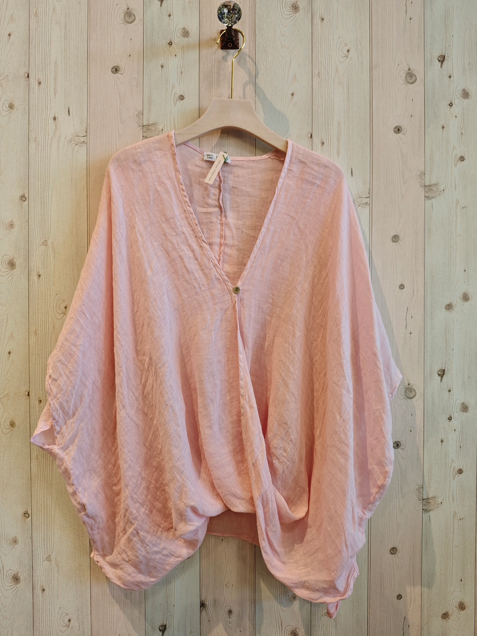 Hammam Linnen blouse - oversized - omarmend - met knoppen - korte mouwen - BABY ROZE kleur
