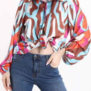 Boho satijn Multi kleur blouse met vintage licht pofmouwen, Franse mode maat 38