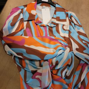 Boho satijn Multi kleur blouse met vintage licht pofmouwen, Franse mode maat 38