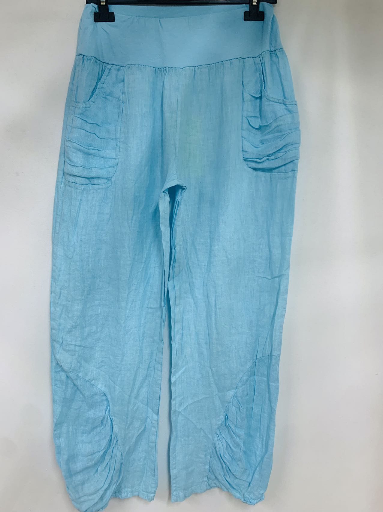 Boho linnen broek met elastische talie - steekzakken - brede pijpen - kleur BABY BLAUW- maat 36/38