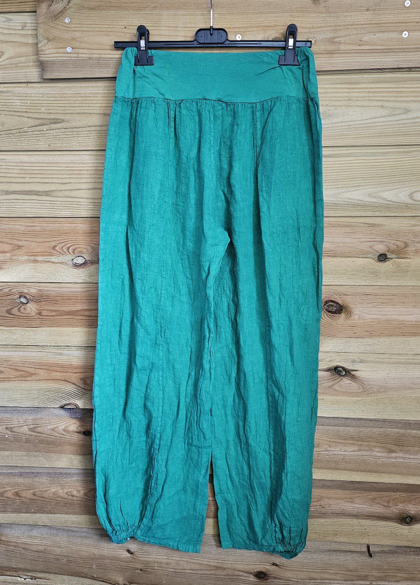Boho linnen broek met elastische talie - steekzakken - brede pijpen - kleur GRAS GROEN - maat 36/38