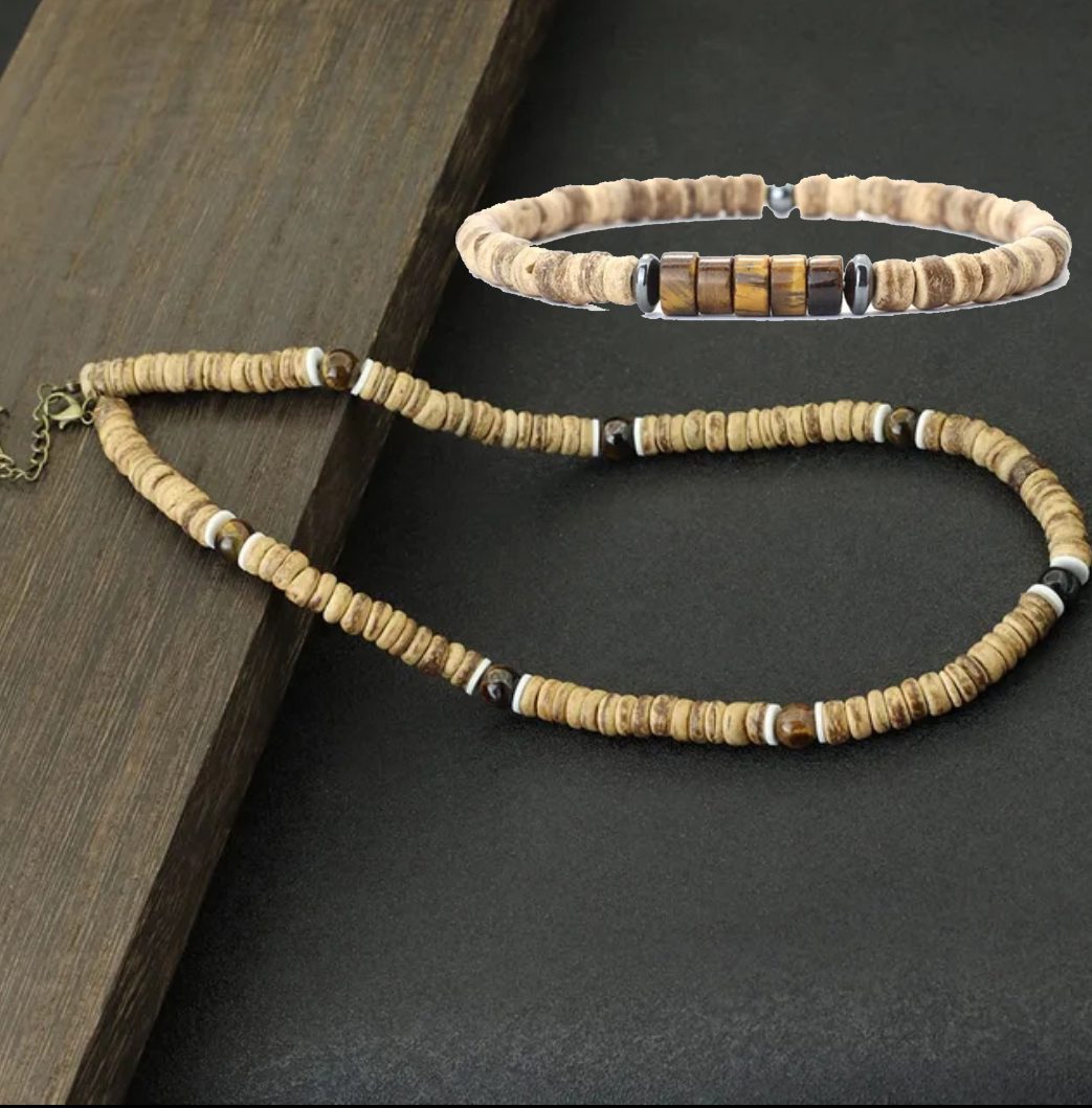 Handgemaakte edelsteen heren sieraden set - ketting en armband - bamboe en Tijger Oog 2st