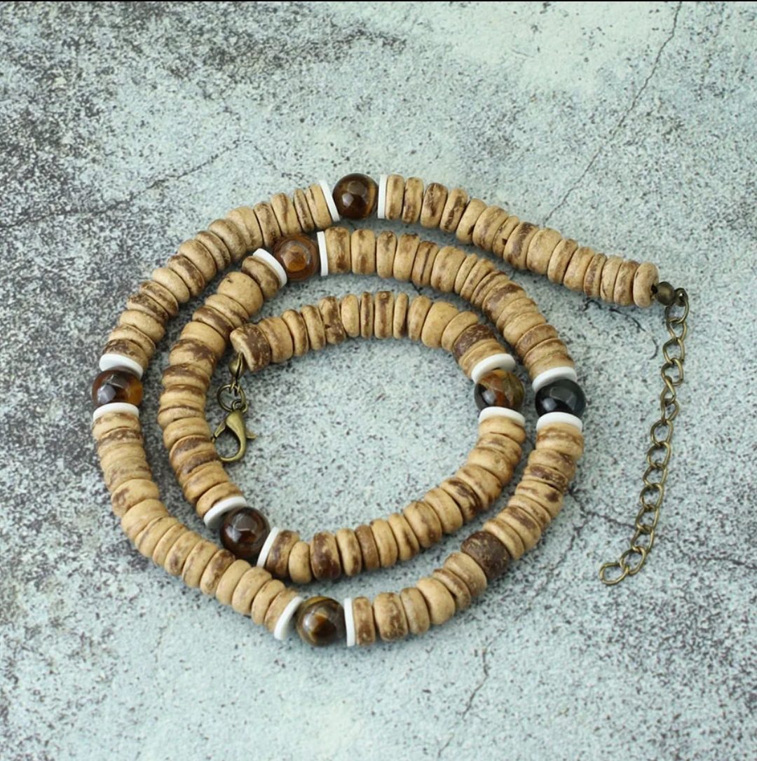 Handgemaakte edelsteen heren sieraden set - ketting en armband - bamboe en Tijger Oog 2st