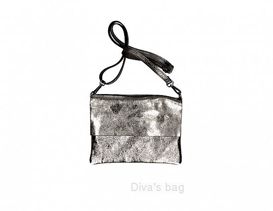 Lederen tas-portemonnee met klep verstelbaar schouderband - ZILVER kleur