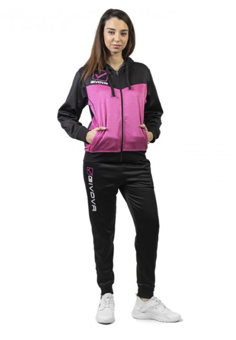 Givova Italiaanse merk dames trainingspak - sport set - ritssluiting - capuchon - Zwart en Roze maat S