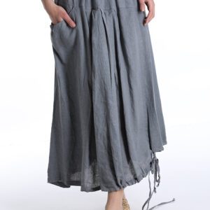Lange boho linnen rok, elastische talieband, GRIJS, verstelbare koord, grote zijzak maat 42