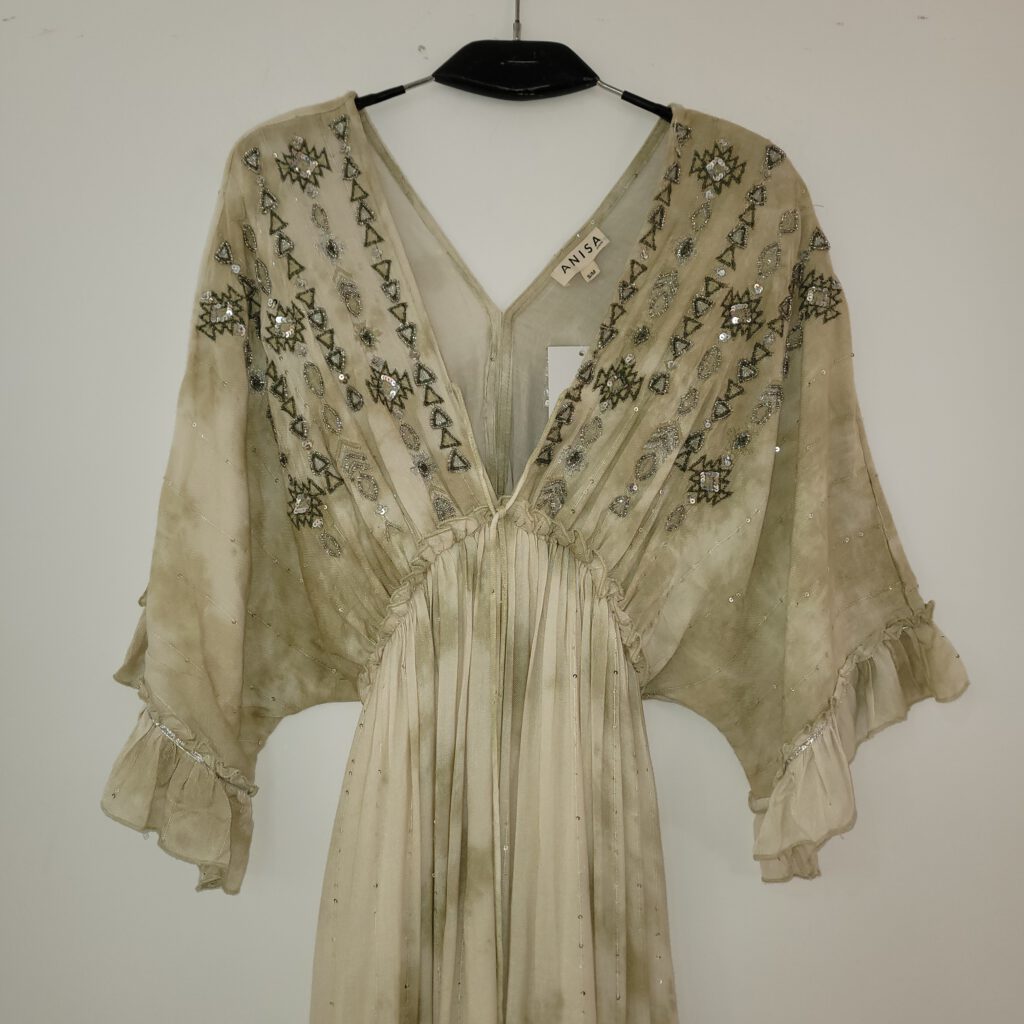 Boho maxI jurk van katoen met paletten open rug en decolleté, brede model Kaki kleur maat 40