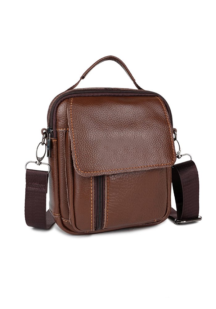 Heren Tas Leer Met Ritssluiting En Schouderband, kleur BRUIN