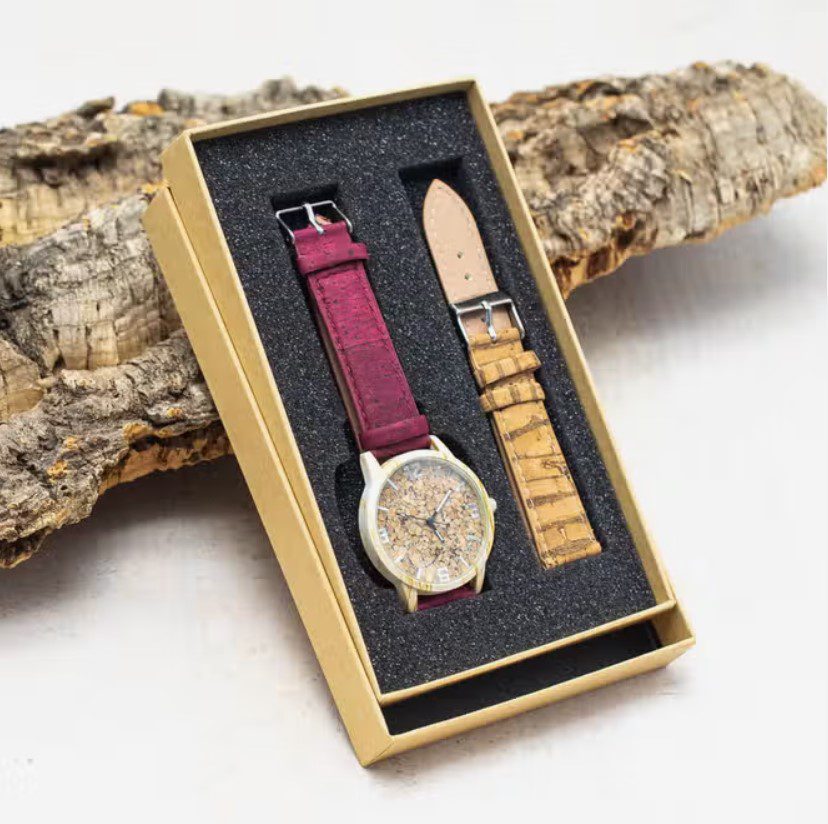 Ecologische Horloge van naturel kurk met extra bandje uniseks - met doos - WA-184-BOX-C