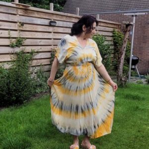 Balinese boho zomer maxi jurk in GEEL kleur met hoge talie, open rug maat 38-42