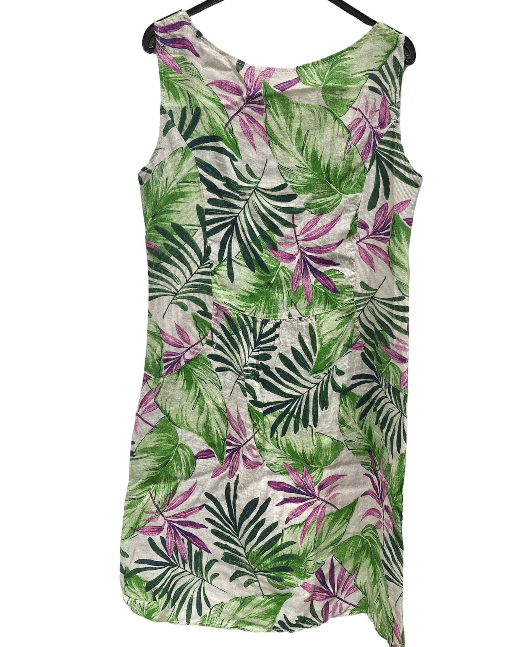 Puur linnen mouwloze jurk - steek zakken - getailleerd - kleur GROEN bloemen patroon - maat 42