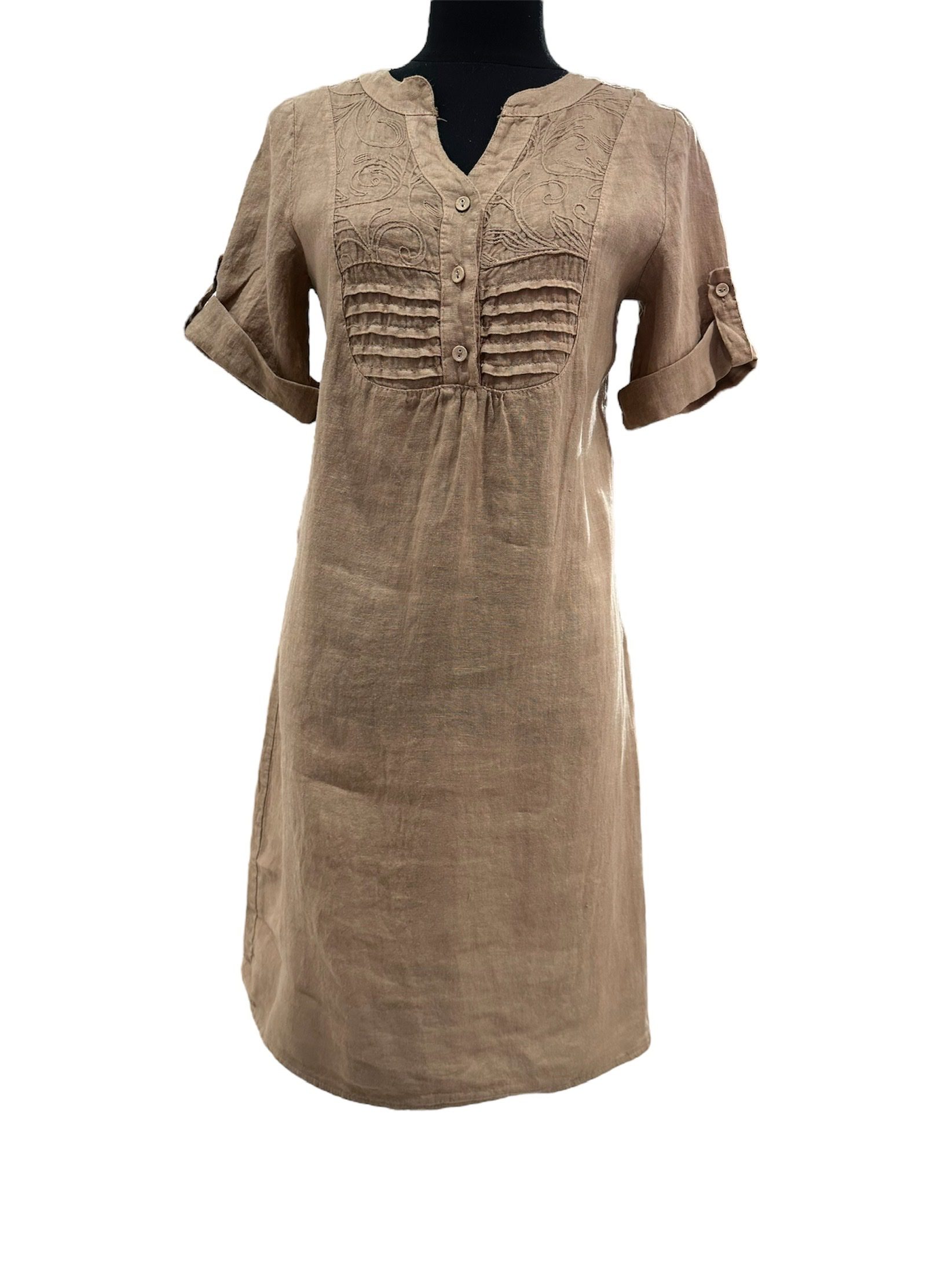 Mooi 100% linnen jurk met korte mouwen - broderie - knoppen - elastische rug - MODDER BRUIN kleur - maat 44