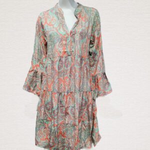 Boho vintage jurk met 7/8 uitlopende mouwen, knoppen en volant maat 38