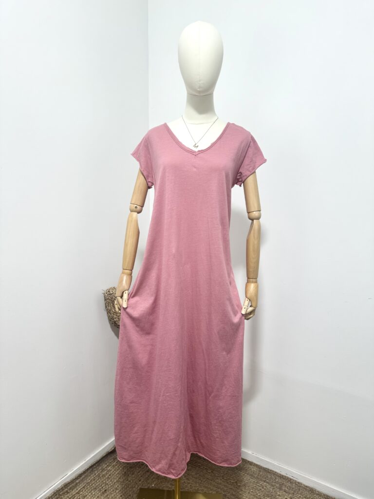 Puur katoen maxi jurk met v-hals - a-lijn - in kleur AS ROZE - luchtig en moderne zomer jurk maat 36/38