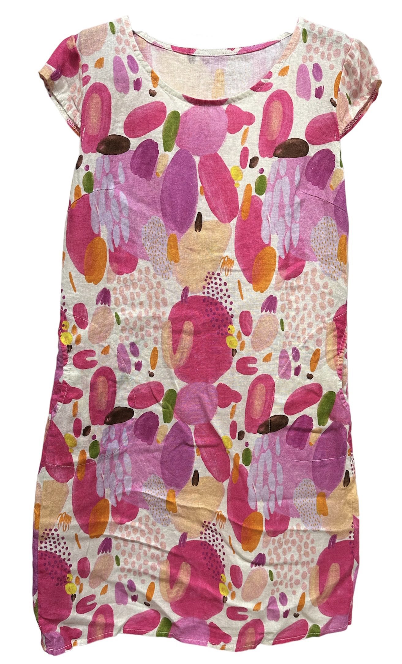 Linnen vrolijke jurk - kapmouwen - zijzakken - getailleerd - kleur ROZE bloemen - maat 40