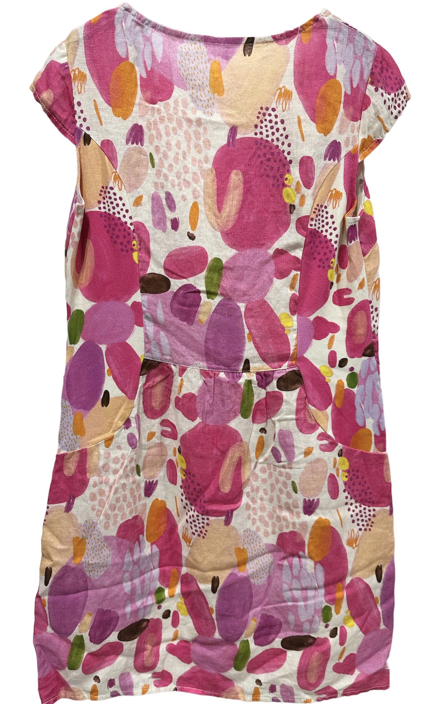 Linnen vrolijke jurk - kapmouwen - zijzakken - getailleerd - kleur ROZE bloemen - maat 40