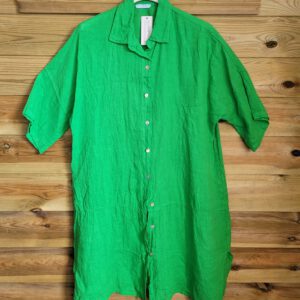 Linnen shirt jurk met 7/8 mouwen in GRAS GROEN kleur, met splits, geknopt Maat 44