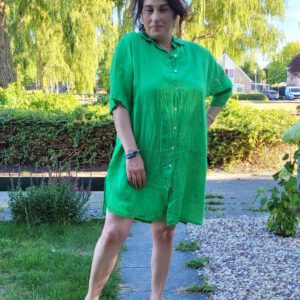 Linnen shirt jurk met 7/8 mouwen in GRAS GROEN kleur, met splits, geknopt Maat 44