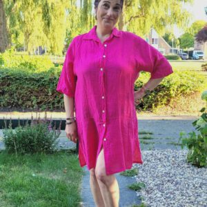 Linnen shirt jurk met 7/8 mouwen in ROZE kleur, met splits, geknopt Maat 44
