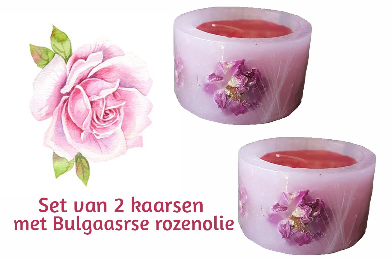 Set van 2 rozen kaarsen met Bulgaarse rozen olie en applicatie - direct in gebruik - kalmering 2x120gr