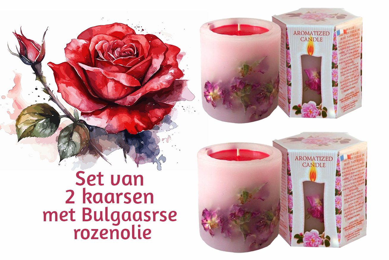 Set van 2 rozen kaarsen met Bulgaarse rozen olie en applicatie - direct in gebruik - kalmering 2x200gr