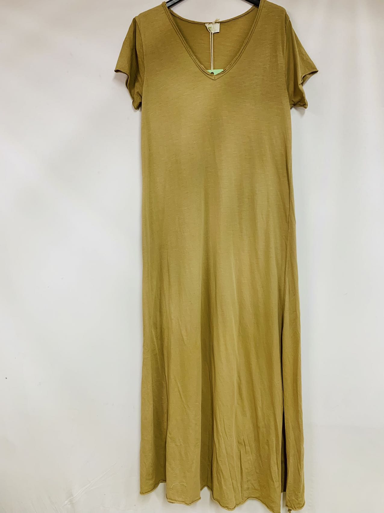 Katoenen maxi jurk met slipt - Franse mode vintage jurk - kleur CAMEL - maat 38/40