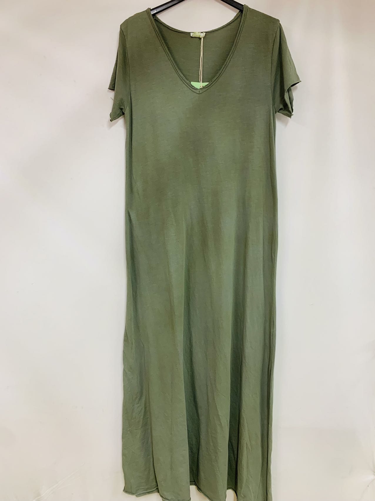 Katoenen maxi jurk met spilt - Franse mode vintage jurk - kleur MILITAIR GROEN - maat 38/40