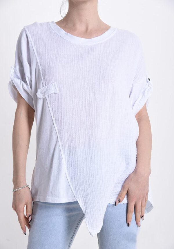 T-shirt katoen, korte mouwen en is asymmetrisch, kleur WIT, Maat 40/42