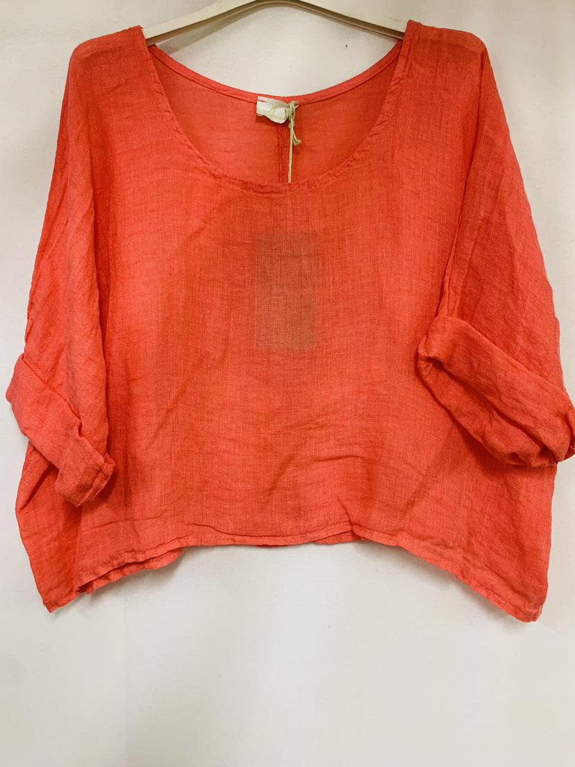 Luchtige linnen korte - crop top - ronde hals - raglan mouwen kleur Oranje - one size
