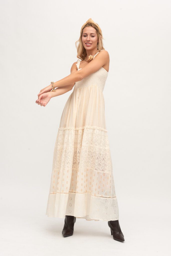 Vintage boho maxi lange jurk met elastische buste, spaghetti bandjes maat 38