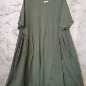 Vintage boho katoen jurk, KAKI kleur met zijzakken en korte mouw maat 42/44