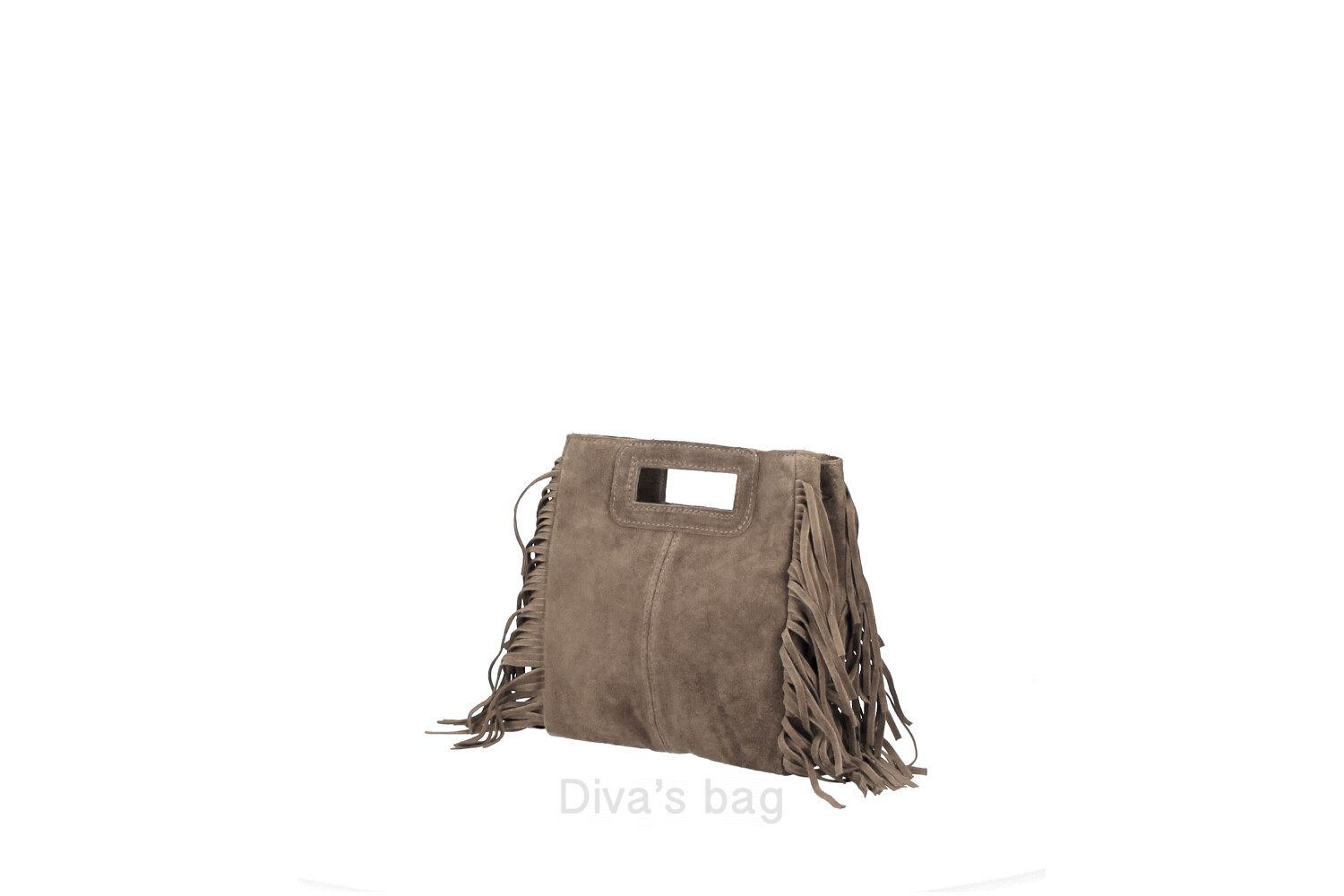 100% suède boho dames tas met handvatten in MODDER BRUIN kleur, schouder band en franjes