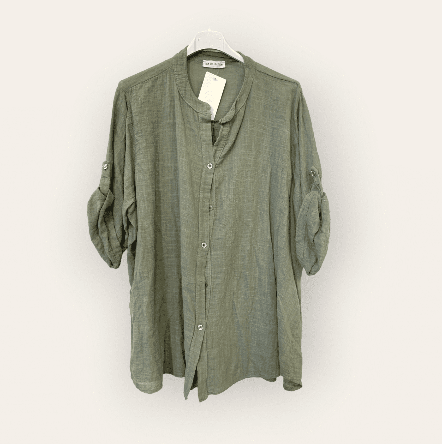 Linnen blouse top met verstelbare mouwen en knopjes MILITAIR GROEN kleur maat 42-46