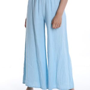 Linnen broek met wijde pijpen en elastische talie kleur LICHT BRAUW, comfortabele dames broek van puur linnen Maat 38/40