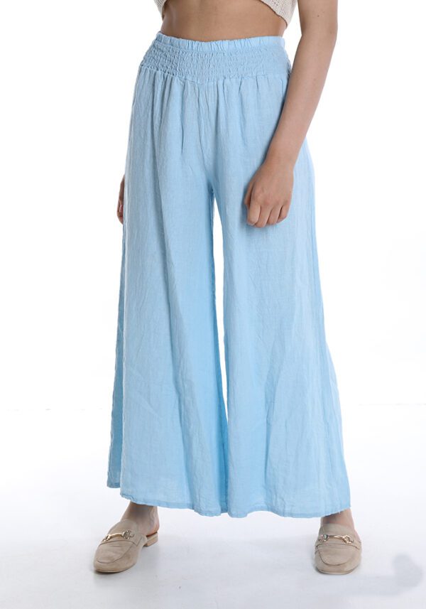Linnen broek met wijde pijpen en elastische talie kleur LICHT BRAUW, comfortabele dames broek van puur linnen Maat 38/40