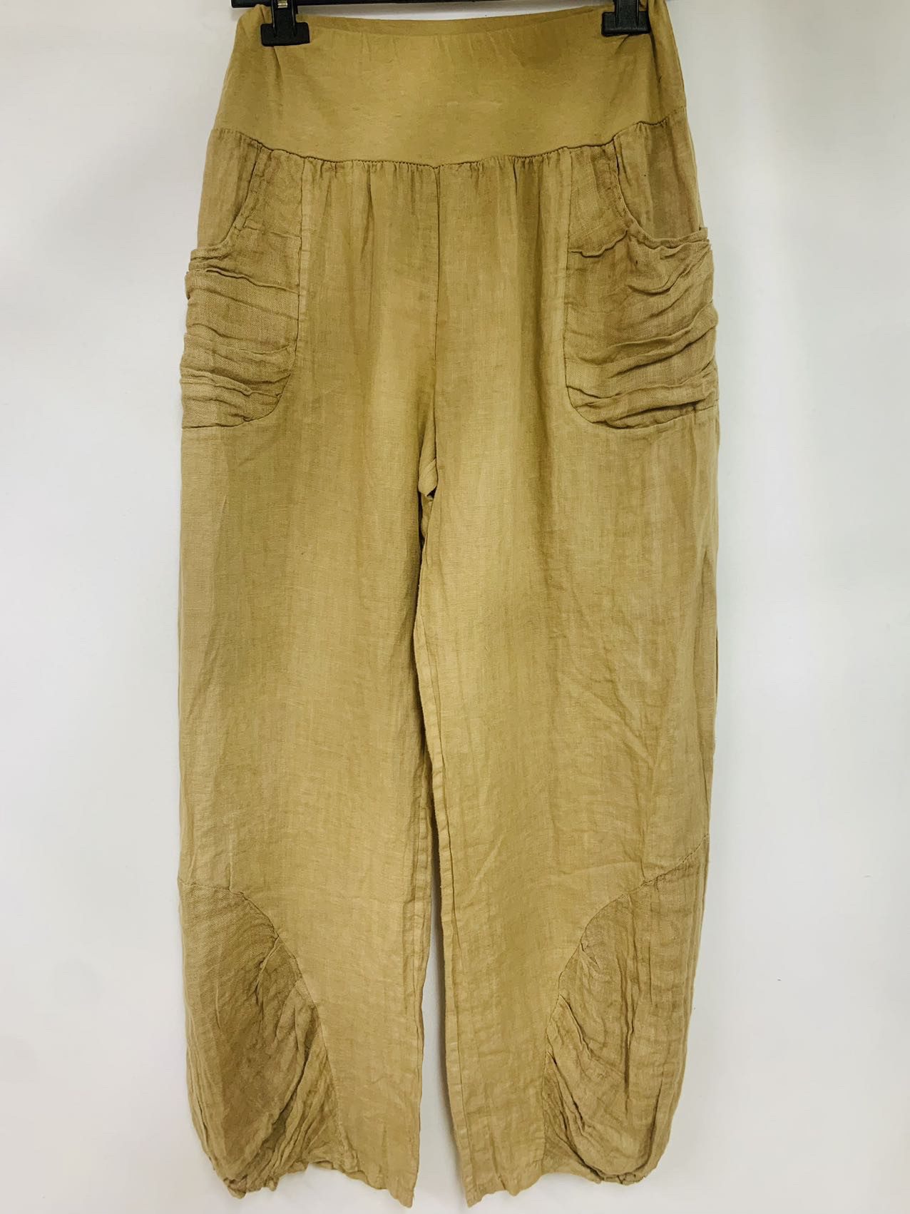 Boho linnen broek met elastische talie - steekzakken - brede pijpen - kleur CAMEL - maat 36/38