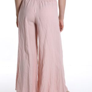 Linnen broek met wijde pijpen en elastische talie kleur LICHT ROOS, comfortabele dames broek van puur linnen Maat 38/40