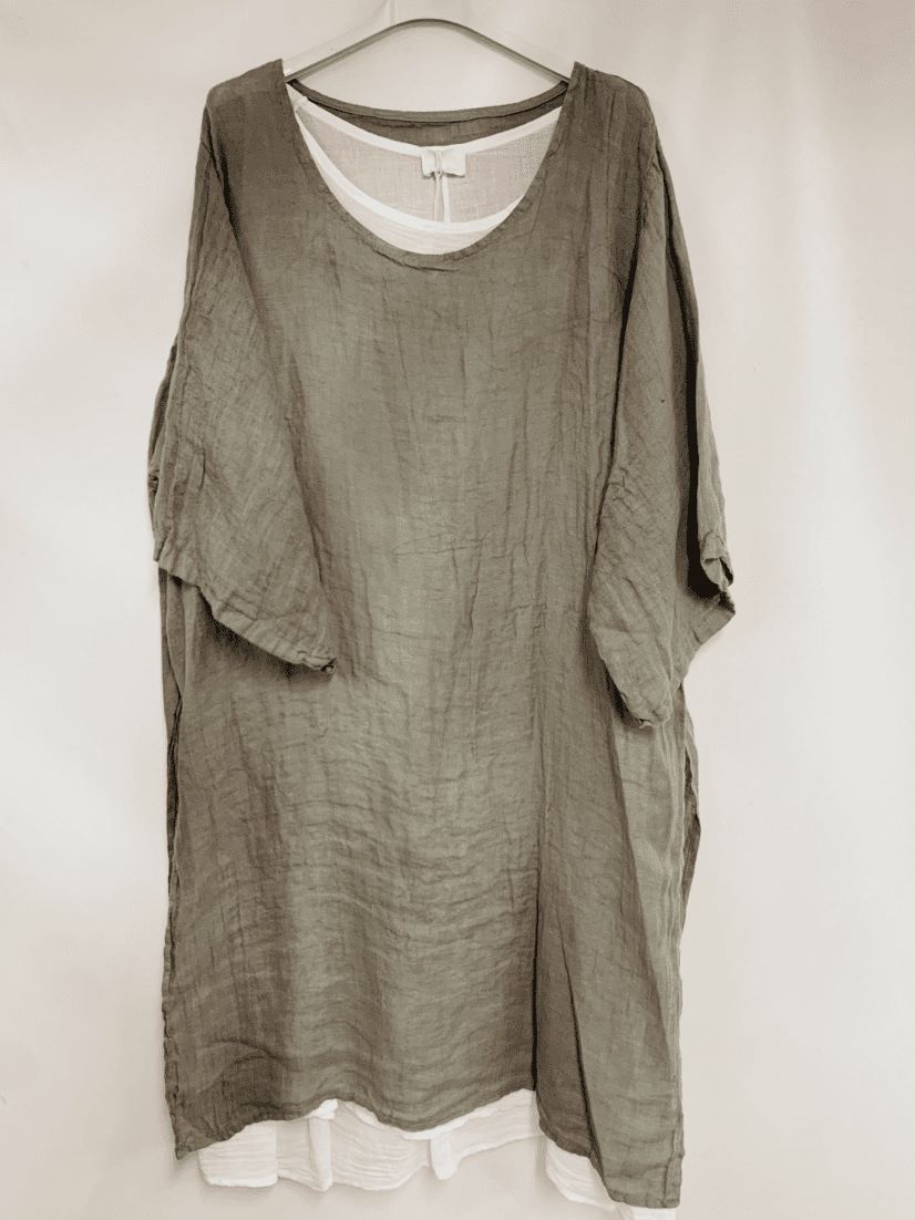 Boho linnen en katoen jurk in twee lagen - korte mouwen - kleur TAUPE - Maat 42/44